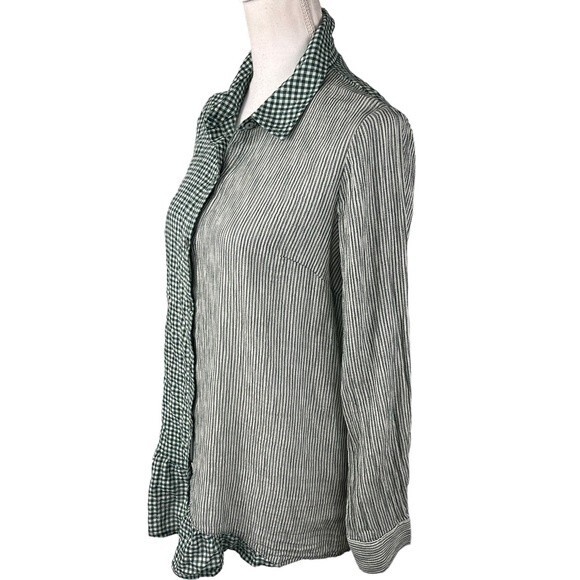 LOGO by Lori Goldstein Green Gingham Striped Ruffled Button Up Long Sleeve Small - Picture 7 of 14